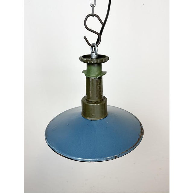 Metal Industrial Blue Enamel Factory Pendant Lamp with Cast Aluminium Top, 1960s For Sale - Image 7 of 16