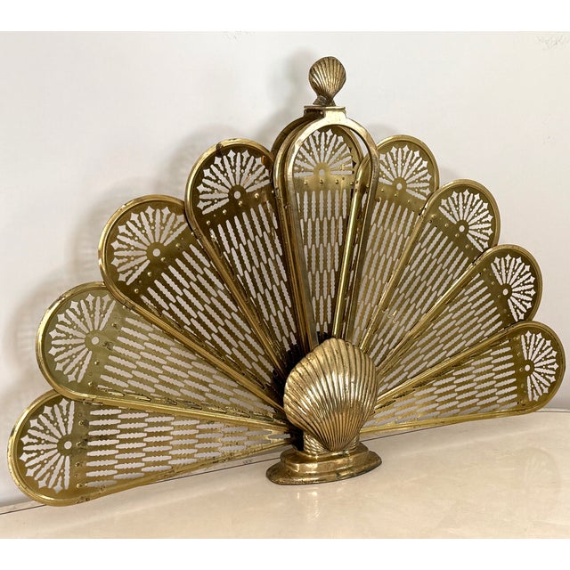 1970s Vintage Brass Peacock Folding Fireplace Screen With Shell Motif For Sale - Image 5 of 15