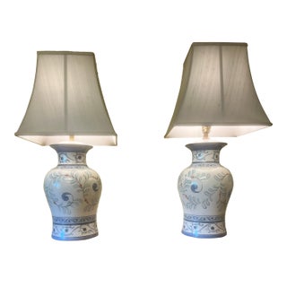 Pair of Ceramic Blue and White Handpainted Italian Lamps With Gray Shades For Sale