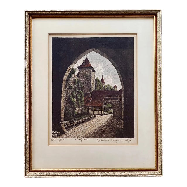 Vintage Original Ernst Geissendorfer Hand-Colored Etching of Rothenburg Tauber, Germany, Circa 1960s For Sale