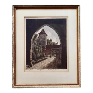Vintage Original Ernst Geissendorfer Hand-Colored Etching of Rothenburg Tauber, Germany, Circa 1960s