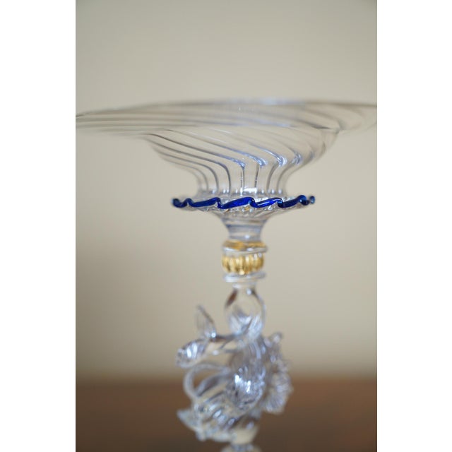 Vintage Venetian Murano-Style Dolphin Stem Glass Compote With Cobalt Rim For Sale - Image 10 of 11