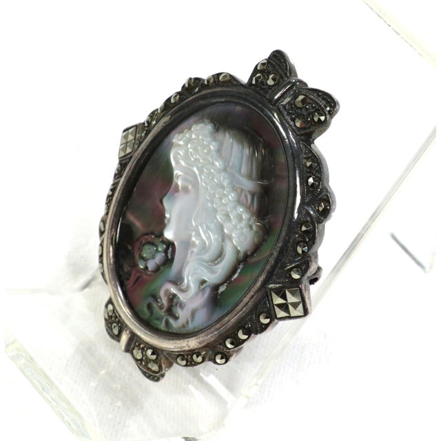 Traditional Antique Edwardian Sterling Abalone Marcasite Cameo Brooch 1910s For Sale - Image 3 of 9