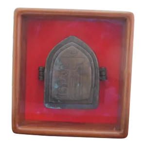 Antique Copper Om Engraved Tibetan Gau Traveling Altar Box in Wood Case