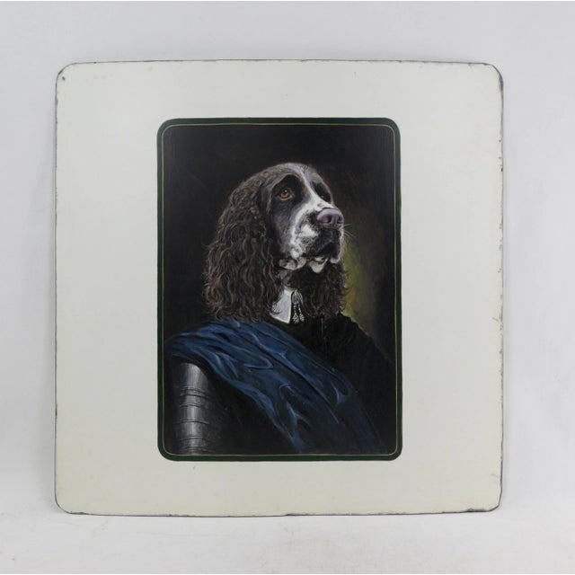 This hand-painted dog portrait is created on a thick iron plate, and the painting is composed in an elegant way. The dog's...