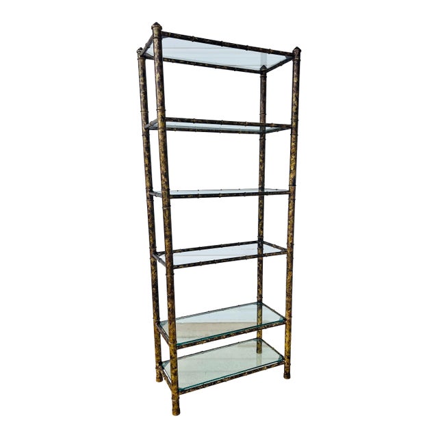 Mid-Century Faux Tortoiseshell Bamboo Étagère Bookcase - Newly Painted For Sale