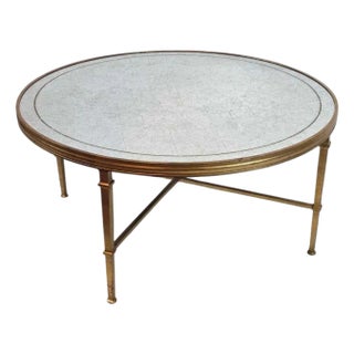 Maison Jansen Style Round Gilt Coffee Table With Stenciled Mirrored Top For Sale