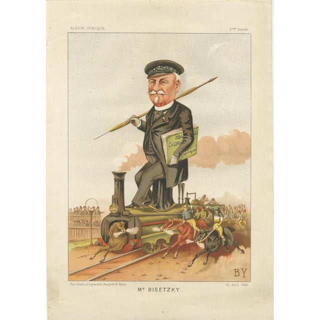 French Belle Époque Caricature, Mr Bisetzky Chromolithograph Print, Album Comique 1885 This lively French chromolithograph...