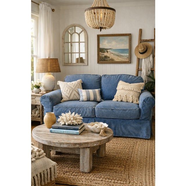 Vintage Blue Jean Denim Slipcovered Sofa In the Manner of Ralph Lauren Kindly note photo number two (2) is a digital...