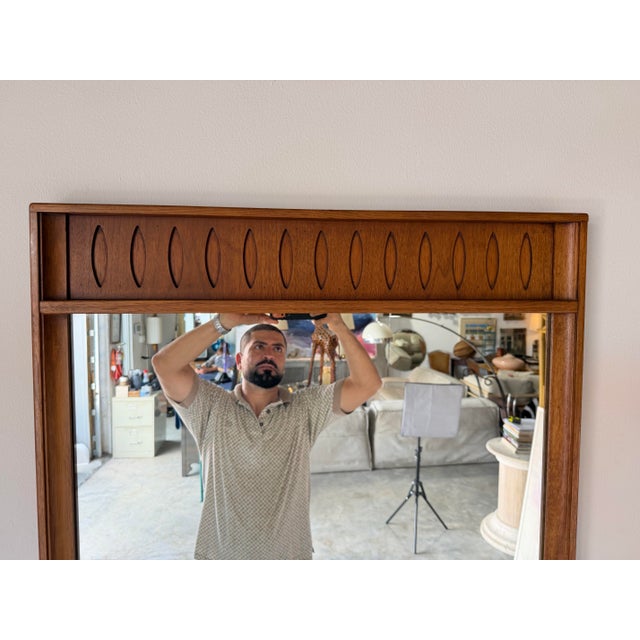 Wood 1970s Mid-Century Modern Walnut Wall Mirror With Carved Geometric Details For Sale - Image 7 of 13