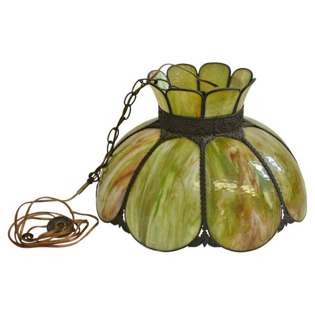 Metal Antique Avocado Ceiling Light Shade With Slag Glass and Bronze Bands For Sale - Image 7 of 18