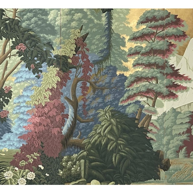 Chinoiserie Gold Leaf Tropical Paradise Hand-Painted Panoramic Wallpaper For Sale - Image 3 of 4