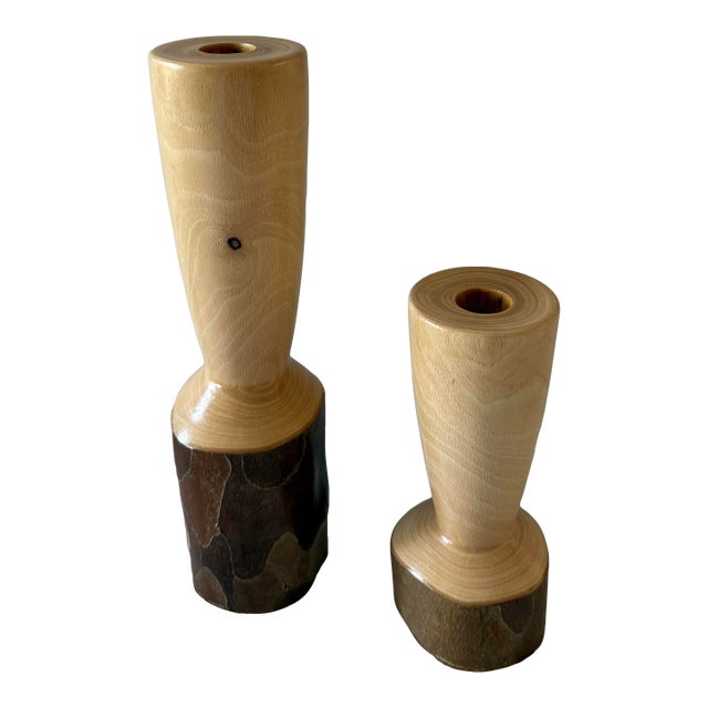 Pair of Vintage Handcrafted Turned Wood Candle Holders For Sale