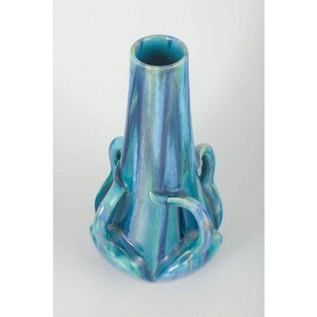 French ceramics Art Nouveau vase, 1920s. Organically shaped stoneware vase with sculptural details and a multicoloured...