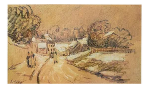 1959 After Alfred Sisley, First Edition Cottage Style Lithograph "Early Snow in a French Village"