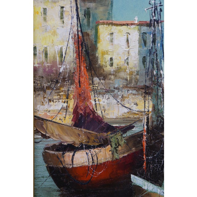 Textile Late 20th Century Eleonore Guinther Nautical Maritime Fishing Boats Harbor Oil Painting 33" For Sale - Image 7 of 15
