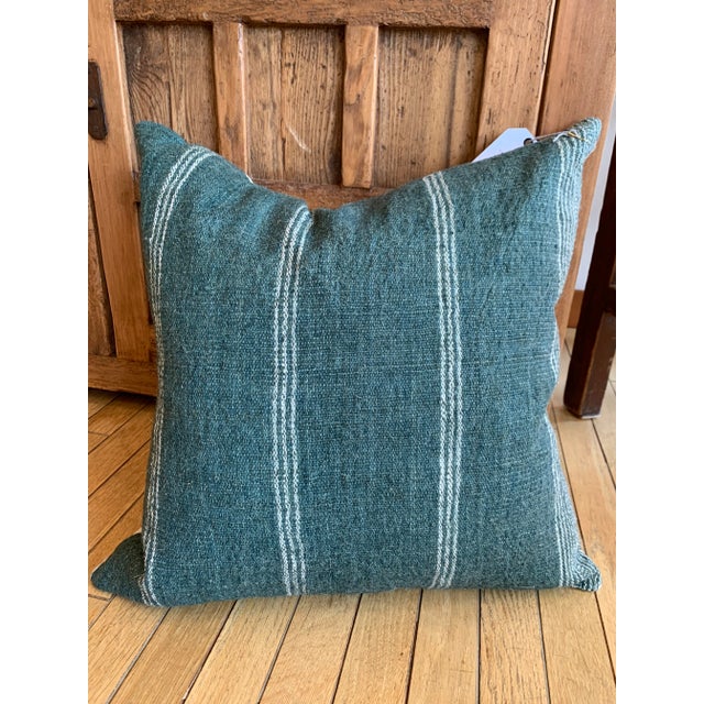 Wool Large Square Pillow in Teal Blue & White Stripe For Sale - Image 4 of 10