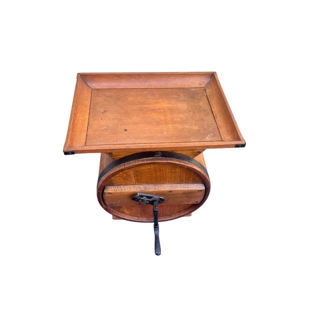 Antique Wooden Barrel Butter Churn with Hand Crank with Tabletop A charming antique wooden barrel butter churn featuring a...