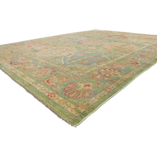 80735 Colorful Green Vintage Modern Oushak Rug, 09'02 x 12'02. This hand-knotted wool Colorful Green Modern Oushak rug...
