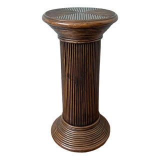 1970's Gabriella Crespi Style Pencil Reed Rattan Pedestal Plant Stand / Display Column – Coastal / Organic Modern / Boho Chic For Sale