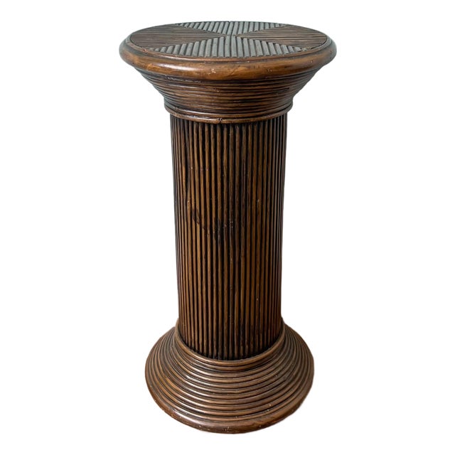 1970's Gabriella Crespi Style Pencil Reed Rattan Pedestal Plant Stand / Display Column – Coastal / Organic Modern / Boho Chic For Sale