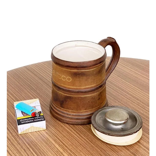 Gold Mid-Century Leather & Porcelain Ceramic Tobacco Pot, 1950s For Sale - Image 8 of 13