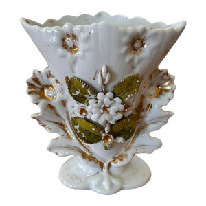 19th Century Continental Porcelain Wedding Cornucopia Posy Vase With Gilt and Floral Relief