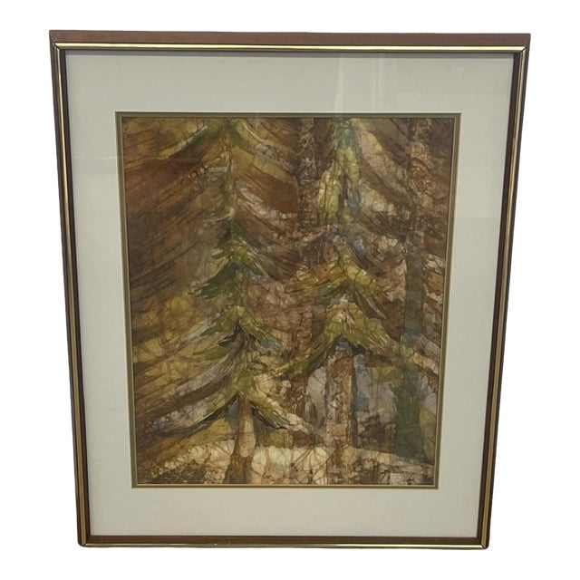 1970s Louise "Lou" Wilson "Forest Deep" Framed Batik Acrylic Forest Artwork. For Sale