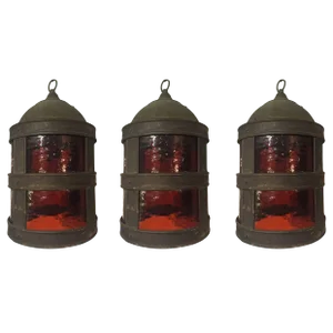 Set of Three Arts & Crafts Tole and Amber Glass Lanterns