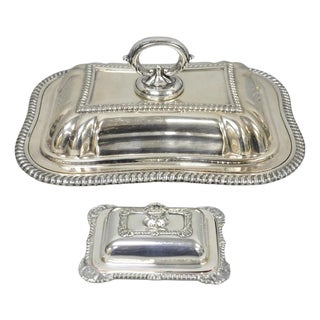 Vintage Miniature Sheffield England Silver Plated Covered Serving Dish Platter - Set of 2 For Sale