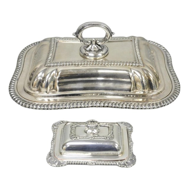 Vintage Miniature Sheffield England Silver Plated Covered Serving Dish Platter - Set of 2 For Sale