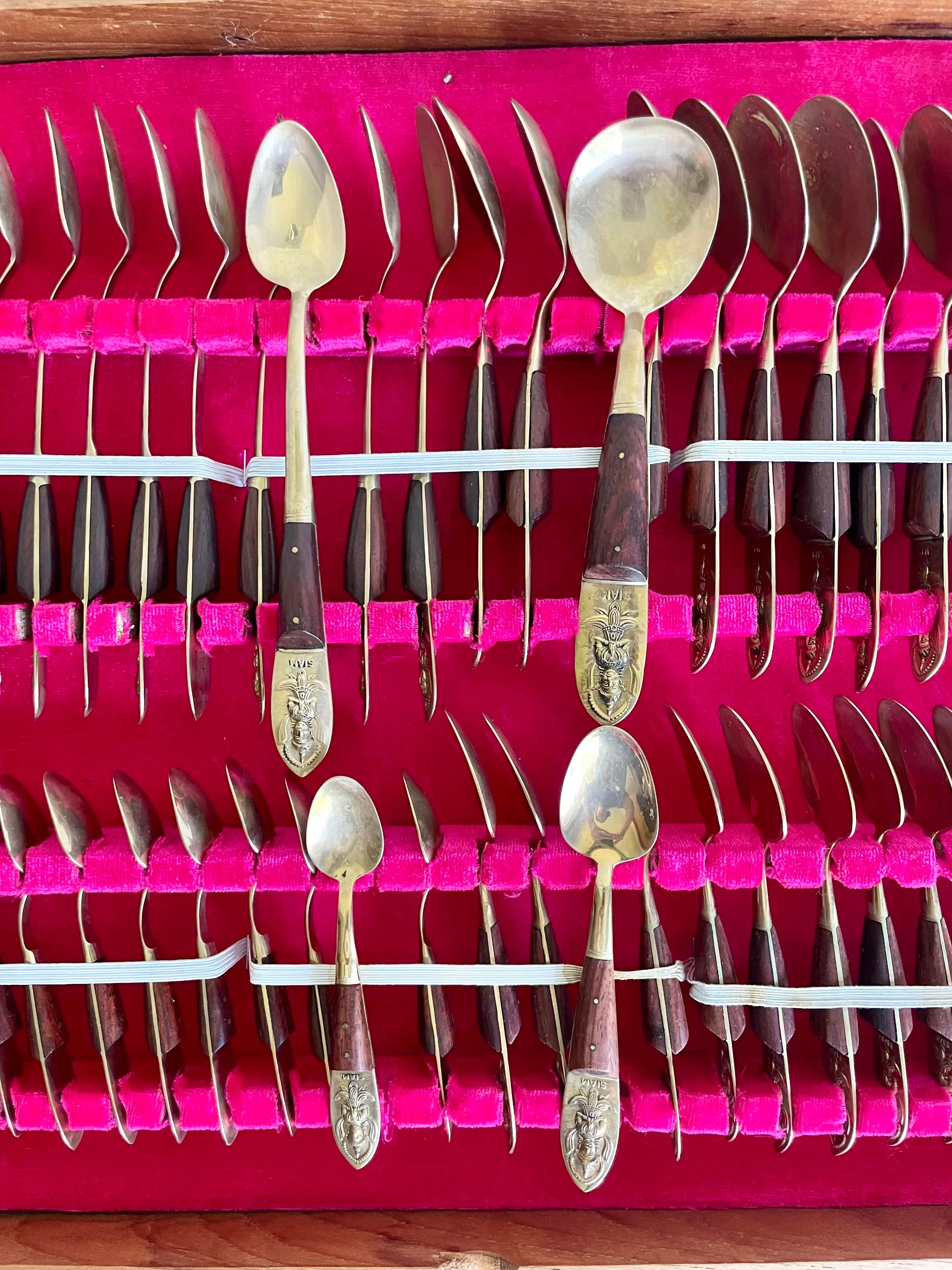 Vintage Siam Thai Brass and Rosewood Complete Flatware Set for 12