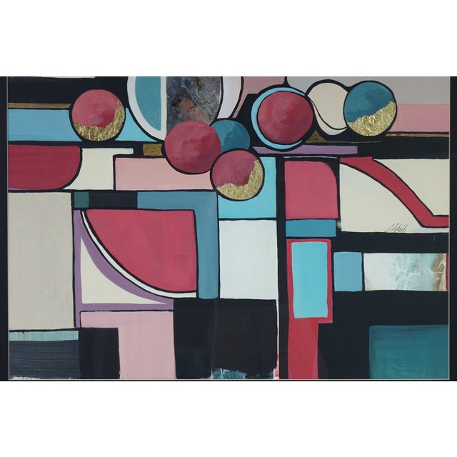 This striking abstract still life is an original mixed media piece on paper, featuring bold geometric shapes in black,...