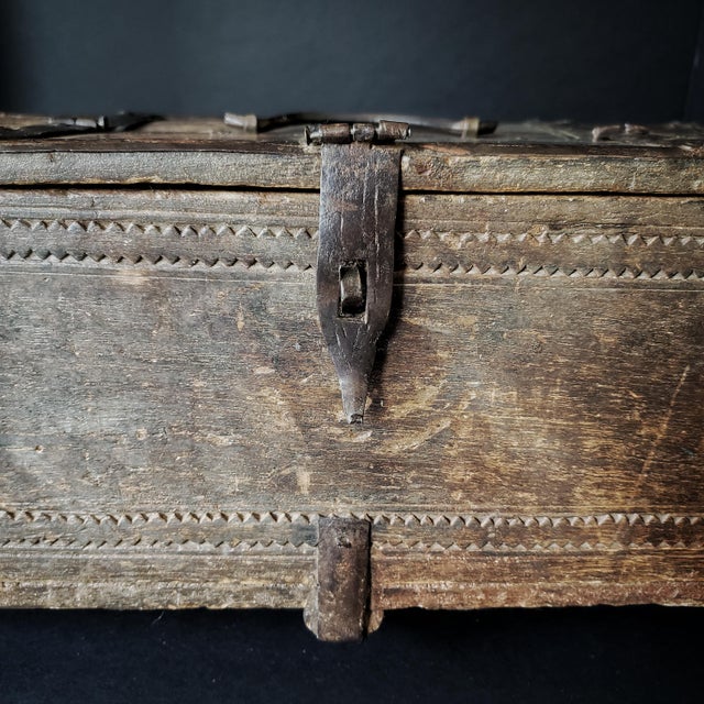 Early 20th Century Indian Carved Wood & Wrought Iron Storage Chest Box