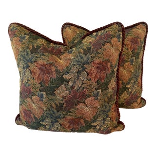Vintage Botanical Leaf Tapestry Feather Pillows, a Pair For Sale