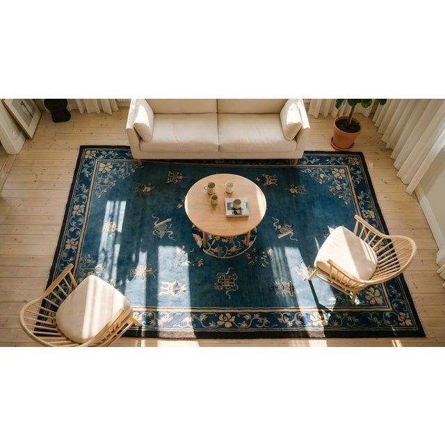 Textile Extraordinary Blue Color With Delicate Flower Design Antique Chinese Peking Rug For Sale - Image 7 of 8
