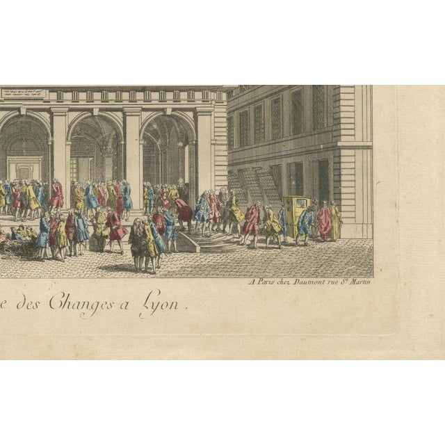 Paper Daumont, The Exchange Hall in Lyon, 1700s, Hand-Colored Engraving For Sale - Image 7 of 9
