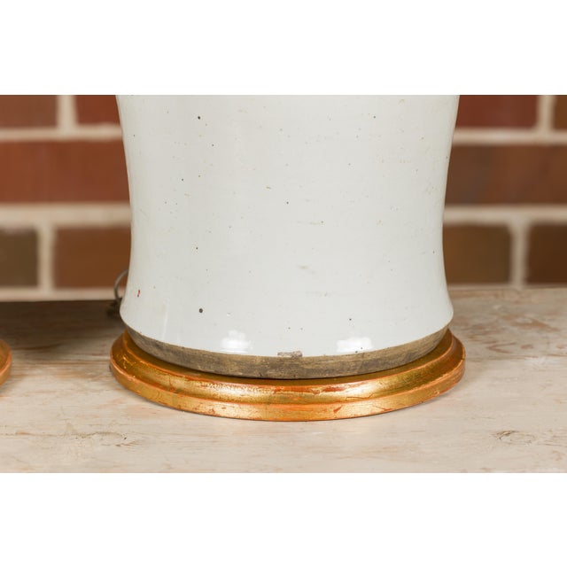 Asian Asian Modern White Porcelain Lidded Urns on Gilded Bases - Pair For Sale - Image 3 of 12