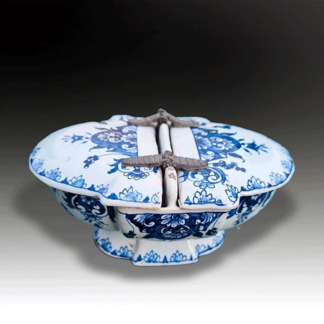 A superb and rare french rouen faience spice box, believed to date from the late 18th century and decorated in the...