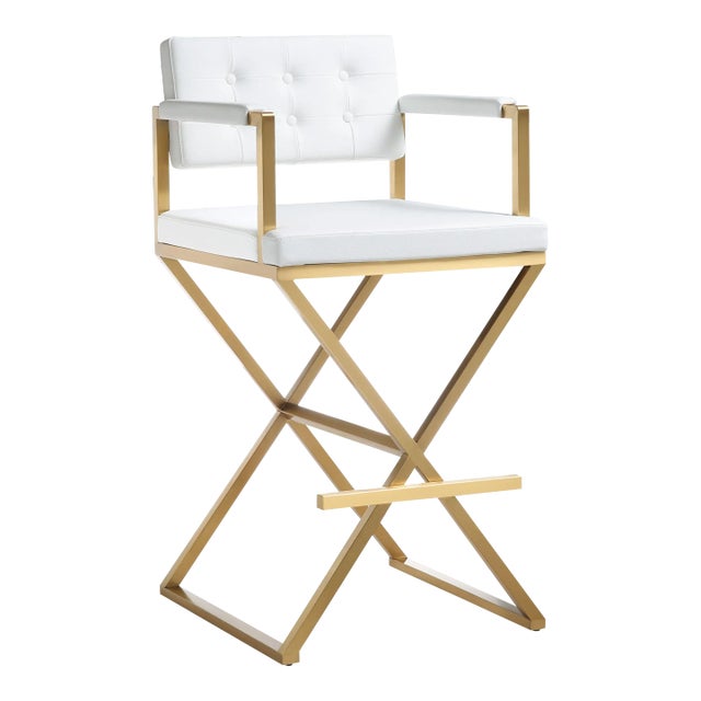 Director White Vegan Leather & Gold Steel Bar Stool For Sale