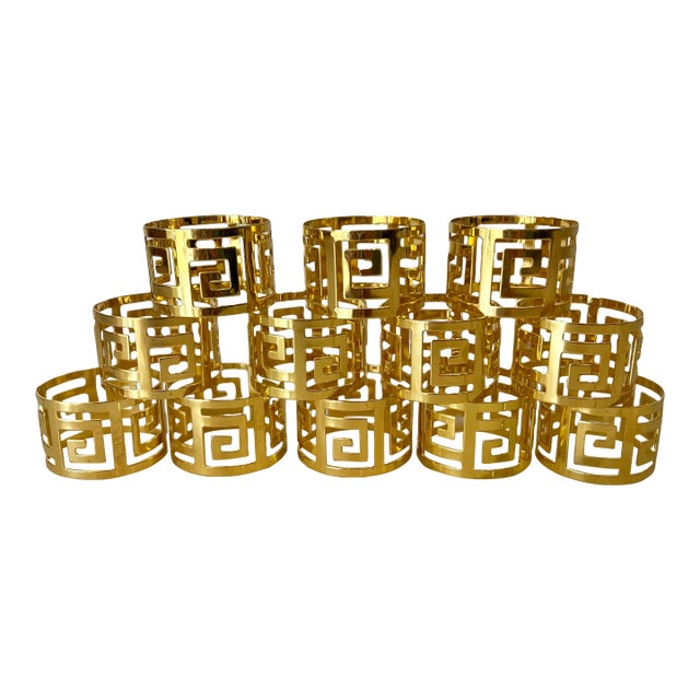 Greek Key Style Brass Napkin Rings Set of 12 For Sale
