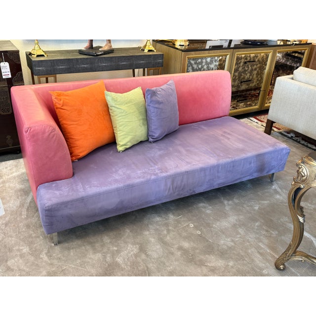 Lavender Micro-Suede + Rose Pink Leather Chaise Sofa For Sale - Image 10 of 12