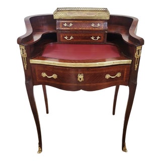 Antique French Louis XV Bronze Leather Slide & Marble Lady's Writing Desk For Sale