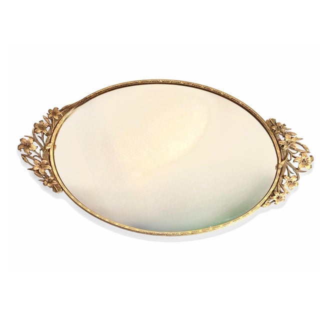 Glass Antique French Gilt Bronze Vanity Mirror Tray With Sculptural Lily Handles, Art Nouveau For Sale - Image 7 of 7