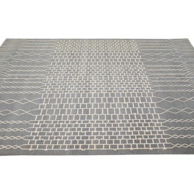 2010s 2010s Gray Modern Handmade Geometric Designed Wool & Silk Tibetan Rug For Sale - Image 5 of 7