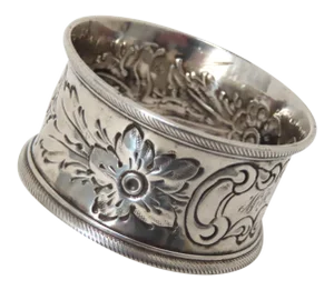 Hand Made 1860s Early American Coin Silver Napkin Ring With Flowers