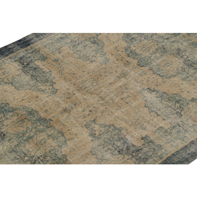 1960s Hand-Knotted Vintage Distressed Deco Rug in Beige, Blue Floral Pattern For Sale - Image 4 of 7