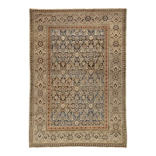 Antique Malayer Style Hand-Knotted Wool Rug With Botanical Motif in Indigo For Sale