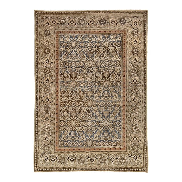 Antique Malayer Style Hand-Knotted Wool Rug With Botanical Motif in Indigo For Sale