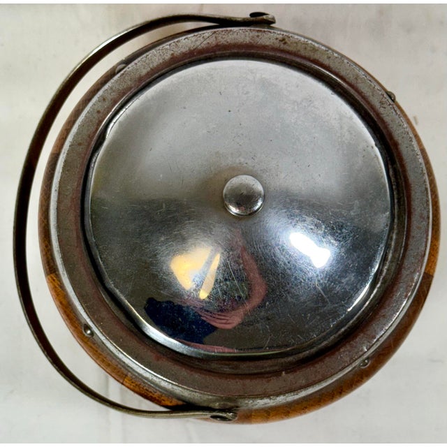 1920s Vintage Ceramic Lined Oak Wood Biscuit Jar/Ice Bucket With Chrome Handle & Top From England- Circa 1920 For Sale - Image 5 of 12